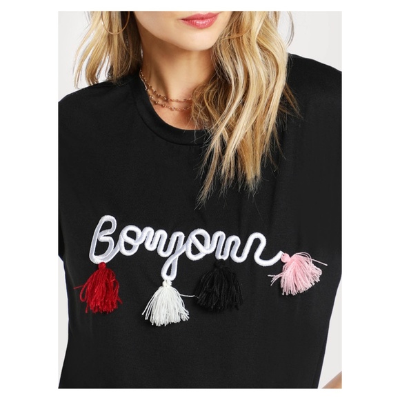 Black Short Sleeve Embroidered Tassel T-Shirt Bonjour - Picture 4 of 5